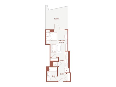 A floor plan of a house with a kitchen, bathrooms and an entry.